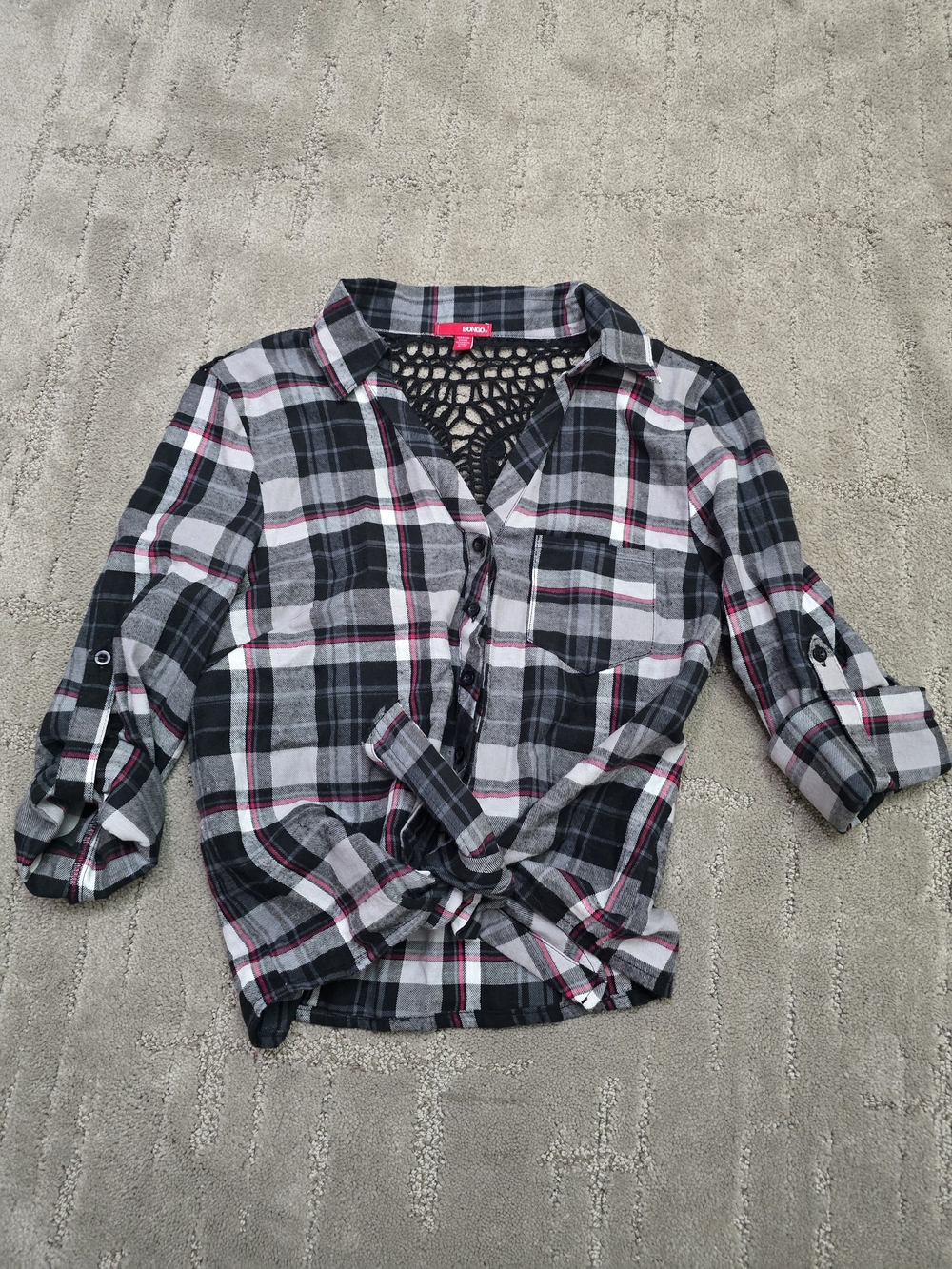 BONGO Black, White & Red Plaid Tie-Front Button-Down Shirt